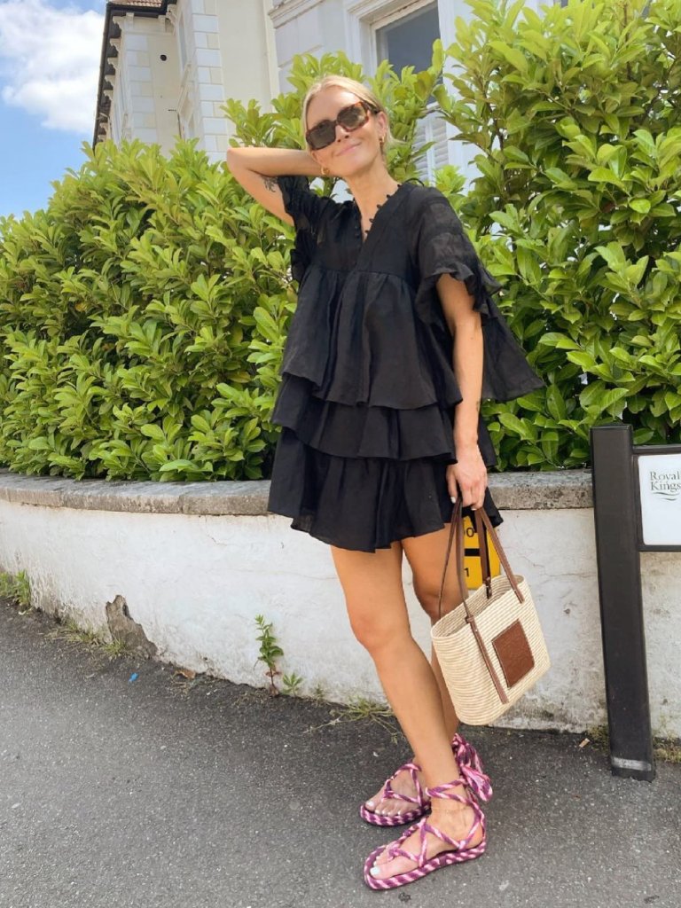 Joslin Ellie Smock Mini Tunic Dress Womens 14 Black V-Neck Ruffle Short Sleeve